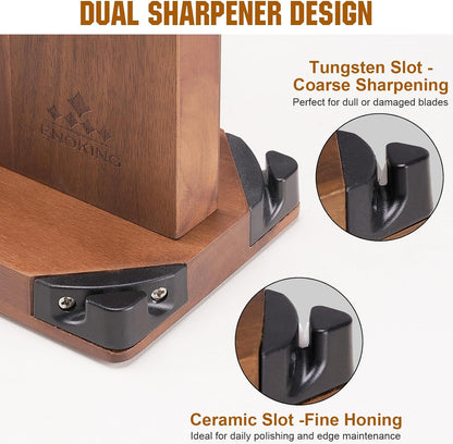 15.2" Extra Large Magnetic Knife Block with Dual Sharpeners, Acacia Wood Knife Holder & Display Stand with Strong Magnets