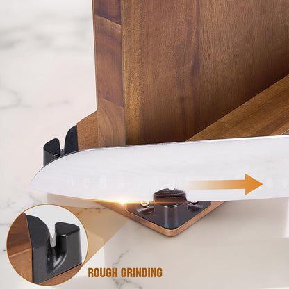 15.2" Extra Large Magnetic Knife Block with Dual Sharpeners, Acacia Wood Knife Holder & Display Stand with Strong Magnets
