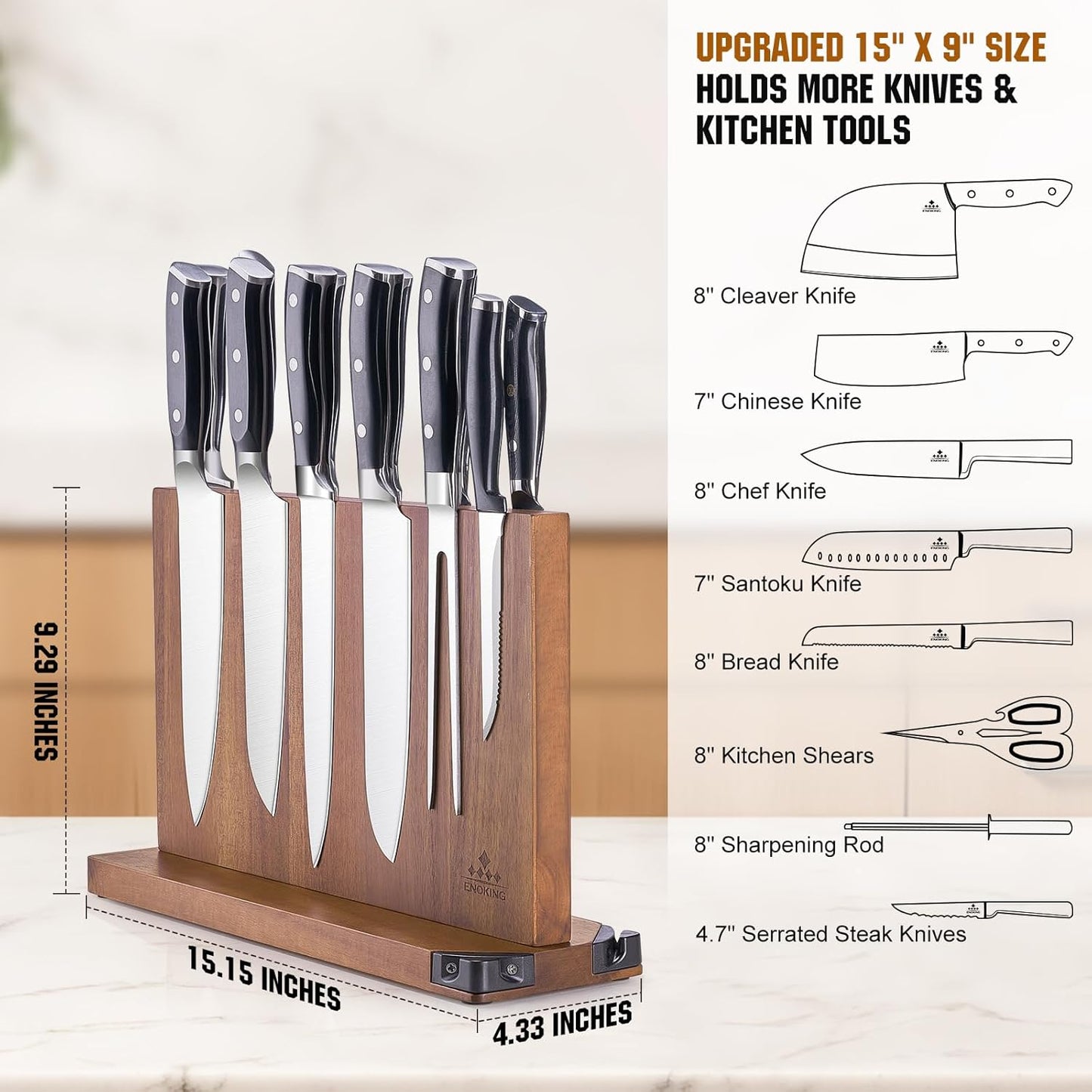 15.2" Extra Large Magnetic Knife Block with Dual Sharpeners, Acacia Wood Knife Holder & Display Stand with Strong Magnets
