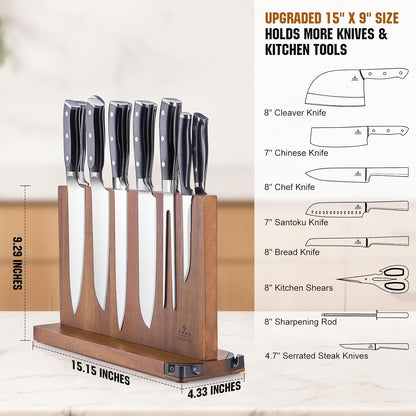 15.2" Extra Large Magnetic Knife Block with Dual Sharpeners, Acacia Wood Knife Holder & Display Stand with Strong Magnets