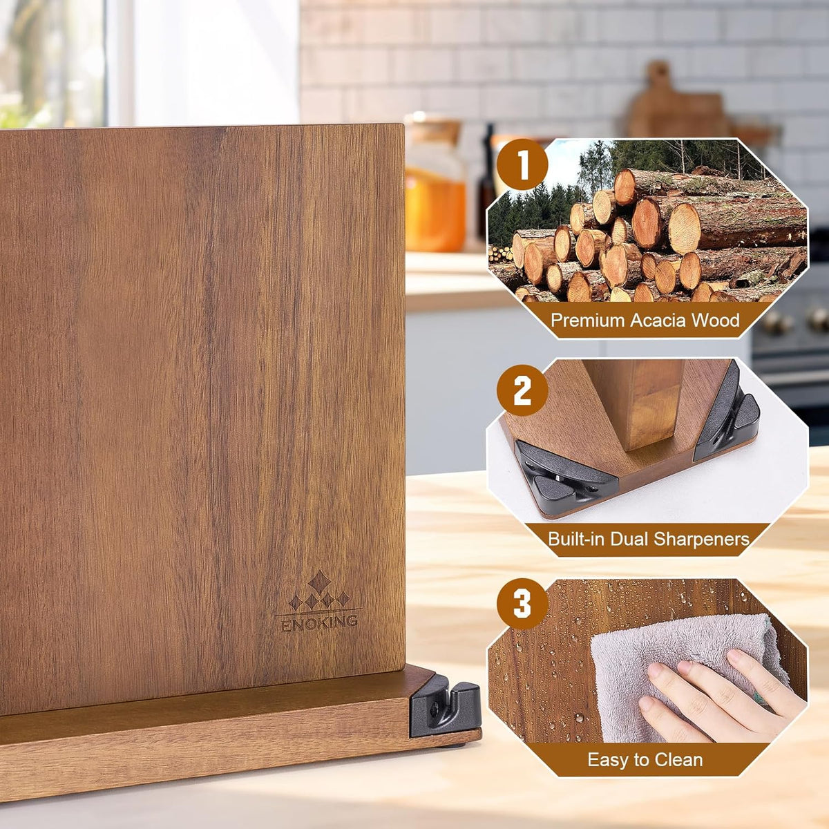 15.2" Extra Large Magnetic Knife Block with Dual Sharpeners, Acacia Wood Knife Holder & Display Stand with Strong Magnets
