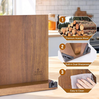 15.2" Extra Large Magnetic Knife Block with Dual Sharpeners, Acacia Wood Knife Holder & Display Stand with Strong Magnets