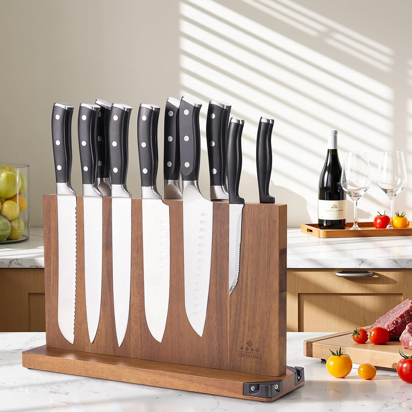 15.2" Extra Large Magnetic Knife Block with Dual Sharpeners, Acacia Wood Knife Holder & Display Stand with Strong Magnets