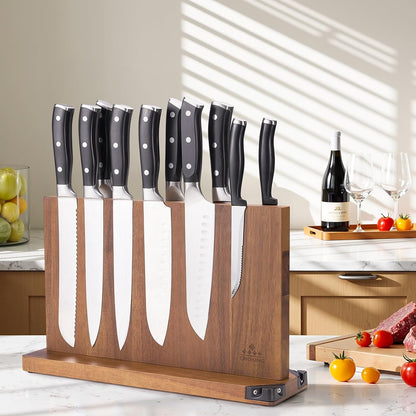 15.2" Extra Large Magnetic Knife Block with Dual Sharpeners, Acacia Wood Knife Holder & Display Stand with Strong Magnets
