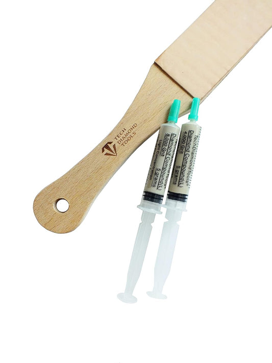 Kit of 11” Long Leather Paddle Strop for Knife Sharpening and Two Diamond Polishing Compounds with Light Concentration for Sharpening Knives, Double Sided Leather Strop USA Made