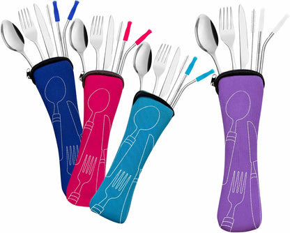 Ecoberi Reusable Travel Utensils Set with Case, 4 Sets | Stainless Steel, Fork, Spoon, Knife, Straws & Cleaner, For Lunch, Work, Camping & Picnics