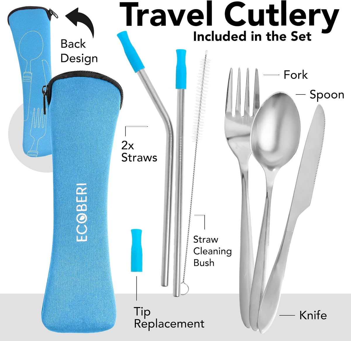 Ecoberi Reusable Travel Utensils Set with Case, 4 Sets | Stainless Steel, Fork, Spoon, Knife, Straws & Cleaner, For Lunch, Work, Camping & Picnics