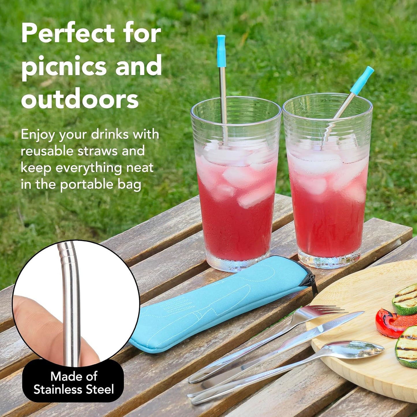 Ecoberi Reusable Travel Utensils Set with Case, 4 Sets | Stainless Steel, Fork, Spoon, Knife, Straws & Cleaner, For Lunch, Work, Camping & Picnics