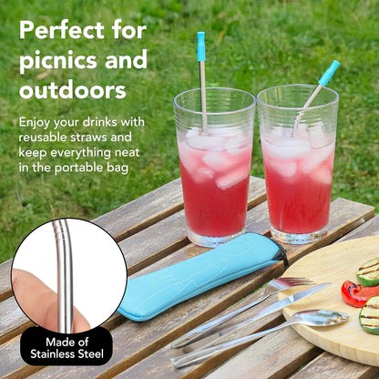 Ecoberi Reusable Travel Utensils Set with Case, 4 Sets | Stainless Steel, Fork, Spoon, Knife, Straws & Cleaner, For Lunch, Work, Camping & Picnics