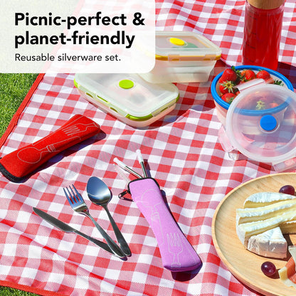 Ecoberi Reusable Travel Utensils Set with Case, 4 Sets | Stainless Steel, Fork, Spoon, Knife, Straws & Cleaner, For Lunch, Work, Camping & Picnics