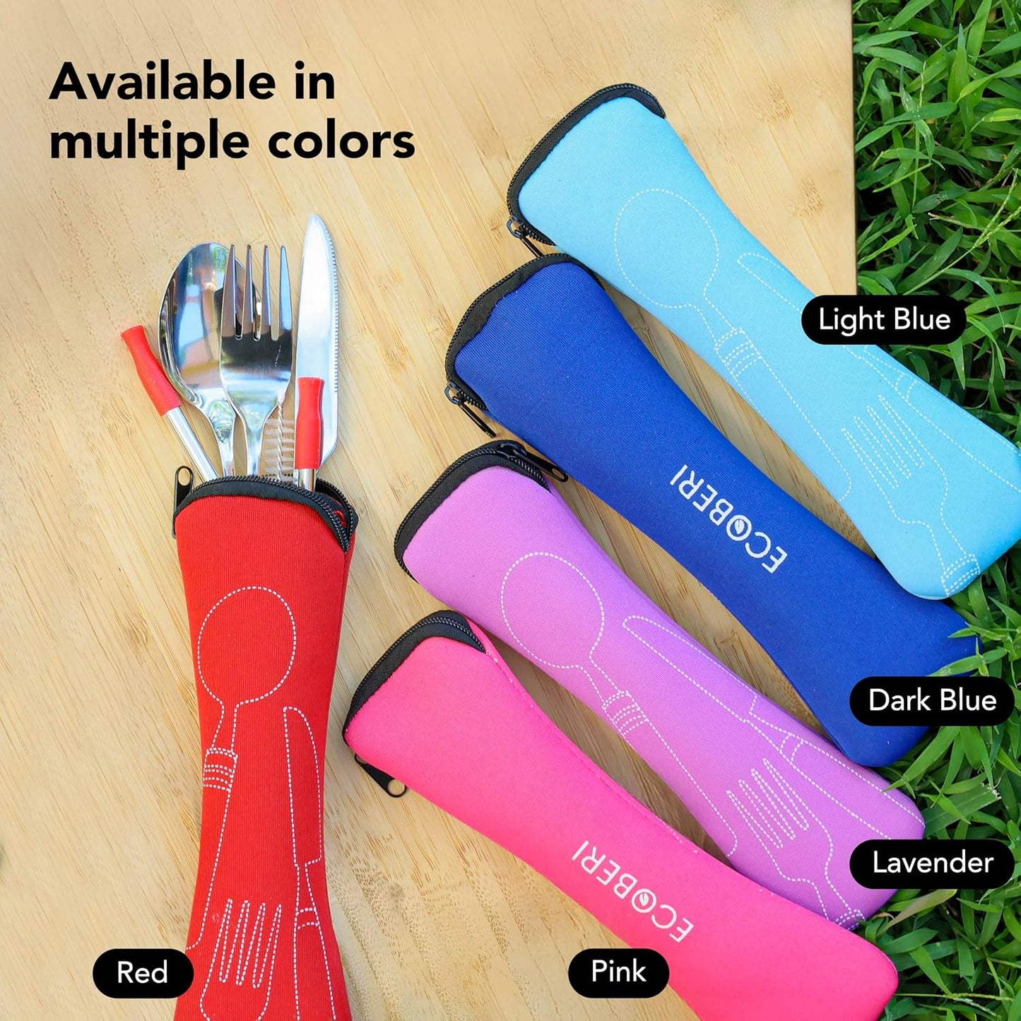 Ecoberi Reusable Travel Utensils Set with Case, 4 Sets | Stainless Steel, Fork, Spoon, Knife, Straws & Cleaner, For Lunch, Work, Camping & Picnics