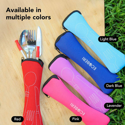 Ecoberi Reusable Travel Utensils Set with Case, 4 Sets | Stainless Steel, Fork, Spoon, Knife, Straws & Cleaner, For Lunch, Work, Camping & Picnics