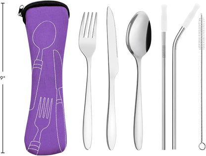 Ecoberi Reusable Travel Utensils Set with Case, 4 Sets | Stainless Steel, Fork, Spoon, Knife, Straws & Cleaner, For Lunch, Work, Camping & Picnics