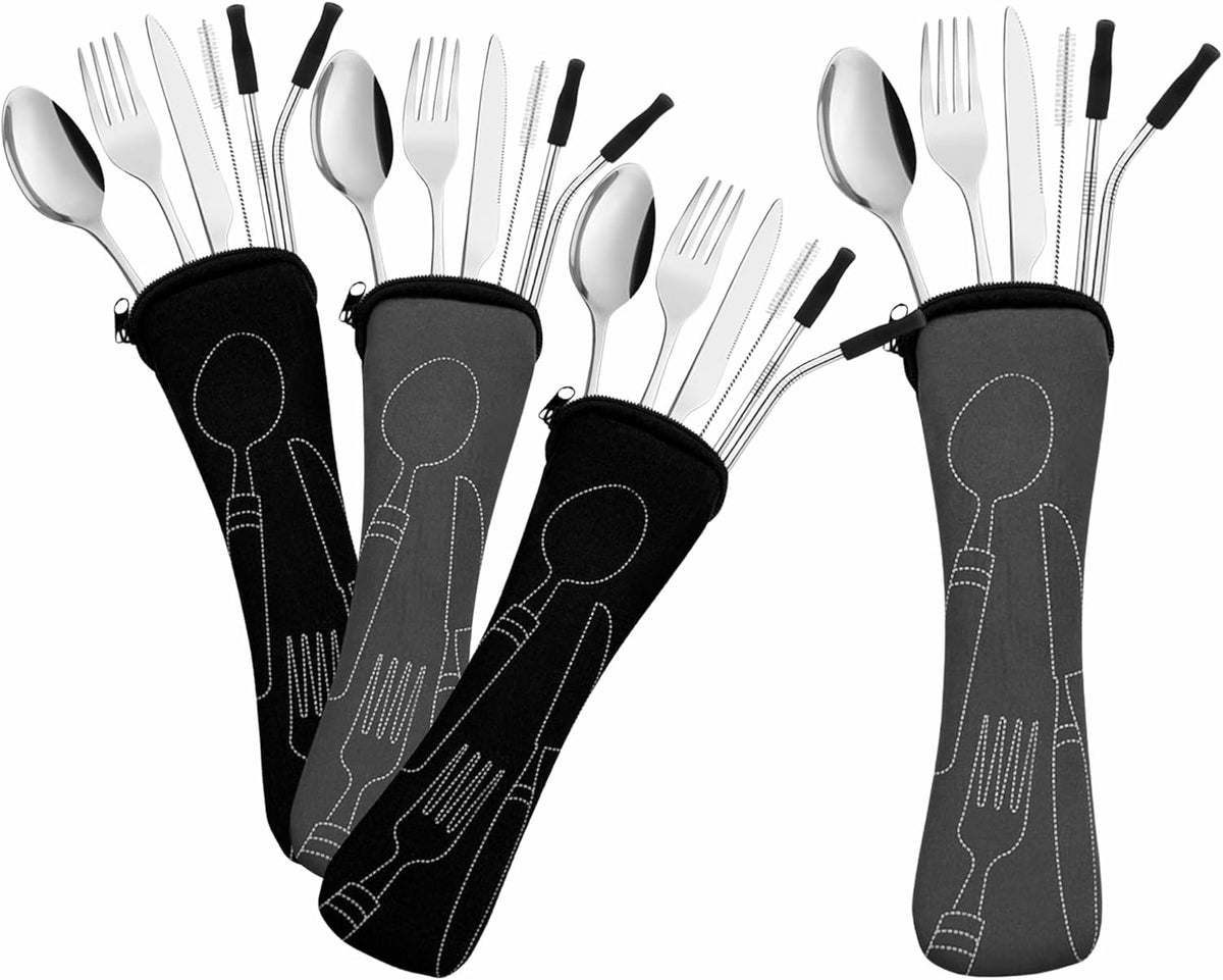 Ecoberi Reusable Travel Utensils Set with Case, 4 Sets | Stainless Steel, Fork, Spoon, Knife, Straws & Cleaner, For Lunch, Work, Camping & Picnics