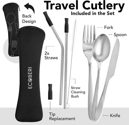 Ecoberi Reusable Travel Utensils Set with Case, 4 Sets | Stainless Steel, Fork, Spoon, Knife, Straws & Cleaner, For Lunch, Work, Camping & Picnics