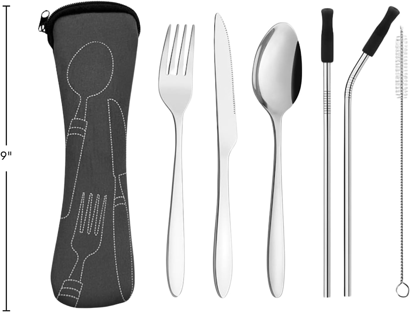 Ecoberi Reusable Travel Utensils Set with Case, 4 Sets | Stainless Steel, Fork, Spoon, Knife, Straws & Cleaner, For Lunch, Work, Camping & Picnics