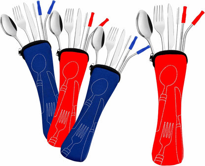 Ecoberi Reusable Travel Utensils Set with Case, 4 Sets | Stainless Steel, Fork, Spoon, Knife, Straws & Cleaner, For Lunch, Work, Camping & Picnics