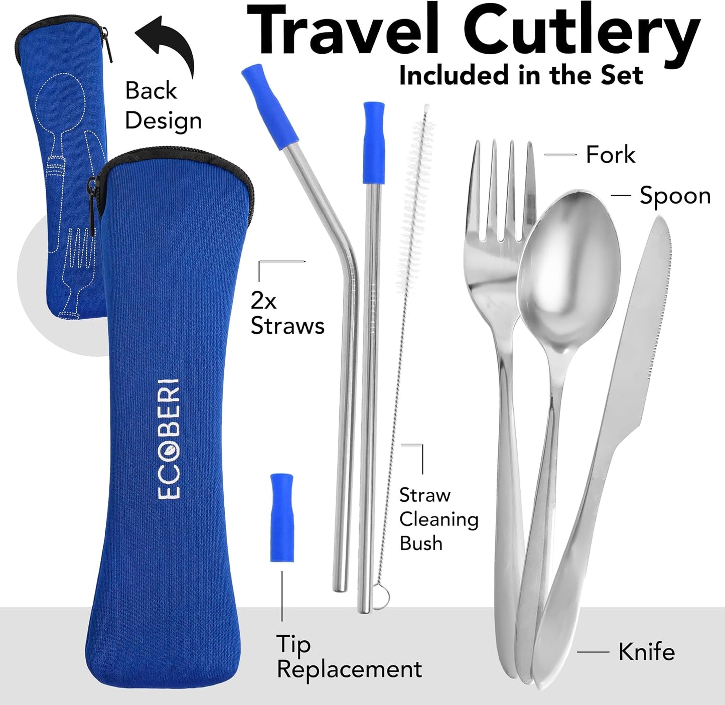 Ecoberi Reusable Travel Utensils Set with Case, 4 Sets | Stainless Steel, Fork, Spoon, Knife, Straws & Cleaner, For Lunch, Work, Camping & Picnics