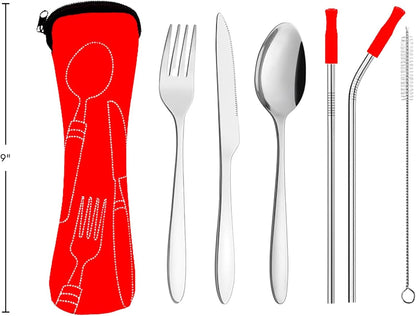 Ecoberi Reusable Travel Utensils Set with Case, 4 Sets | Stainless Steel, Fork, Spoon, Knife, Straws & Cleaner, For Lunch, Work, Camping & Picnics