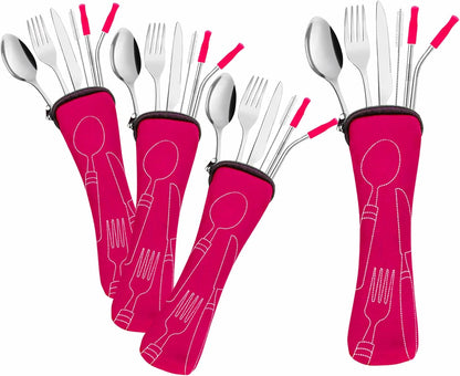 Ecoberi Reusable Travel Utensils Set with Case, 4 Sets | Stainless Steel, Fork, Spoon, Knife, Straws & Cleaner, For Lunch, Work, Camping & Picnics