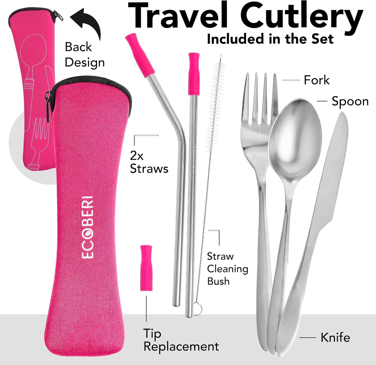 Ecoberi Reusable Travel Utensils Set with Case, 4 Sets | Stainless Steel, Fork, Spoon, Knife, Straws & Cleaner, For Lunch, Work, Camping & Picnics
