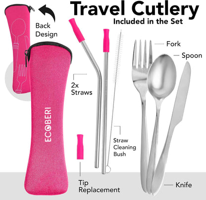 Ecoberi Reusable Travel Utensils Set with Case, 4 Sets | Stainless Steel, Fork, Spoon, Knife, Straws & Cleaner, For Lunch, Work, Camping & Picnics