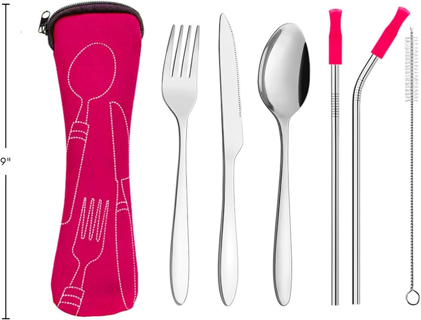 Ecoberi Reusable Travel Utensils Set with Case, 4 Sets | Stainless Steel, Fork, Spoon, Knife, Straws & Cleaner, For Lunch, Work, Camping & Picnics