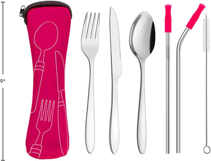 Ecoberi Reusable Travel Utensils Set with Case, 4 Sets | Stainless Steel, Fork, Spoon, Knife, Straws & Cleaner, For Lunch, Work, Camping & Picnics