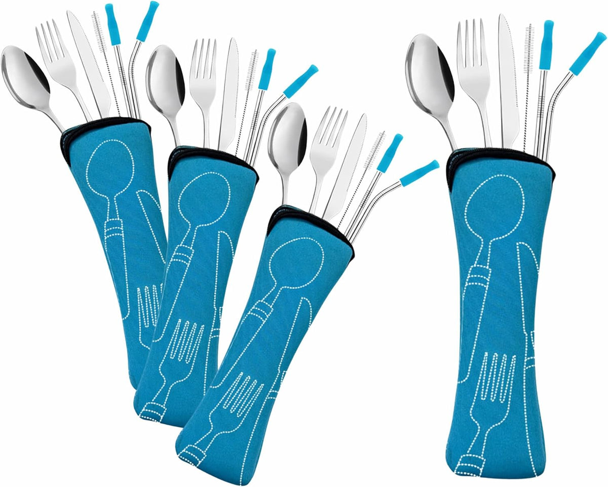 Ecoberi Reusable Travel Utensils Set with Case, 4 Sets | Stainless Steel, Fork, Spoon, Knife, Straws & Cleaner, For Lunch, Work, Camping & Picnics