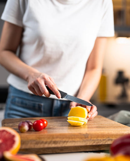 Serrated Paring Knife – German Stainless Steel Blade with Sustainable Wheat Straw NonSlip Handle – Blade Guard Included – Dishwasher Safe – 3.9 inches - Gray