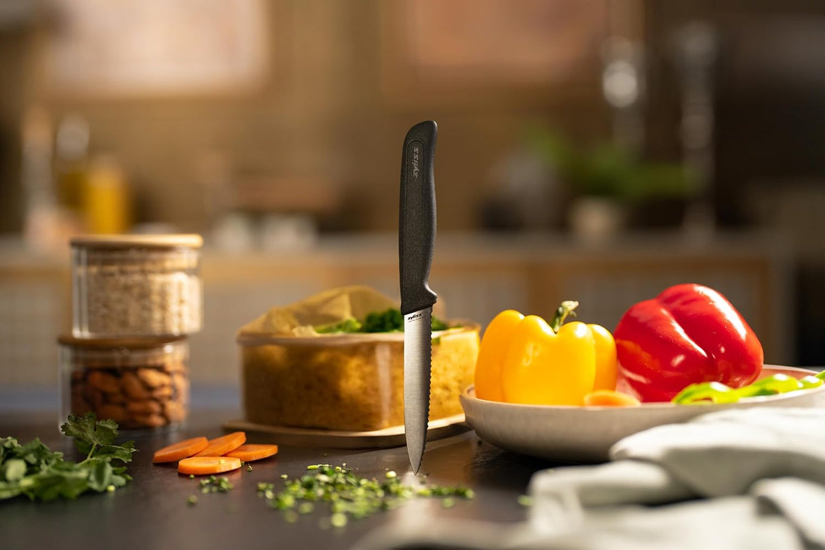 Serrated Paring Knife – German Stainless Steel Blade with Sustainable Wheat Straw NonSlip Handle – Blade Guard Included – Dishwasher Safe – 3.9 inches - Gray