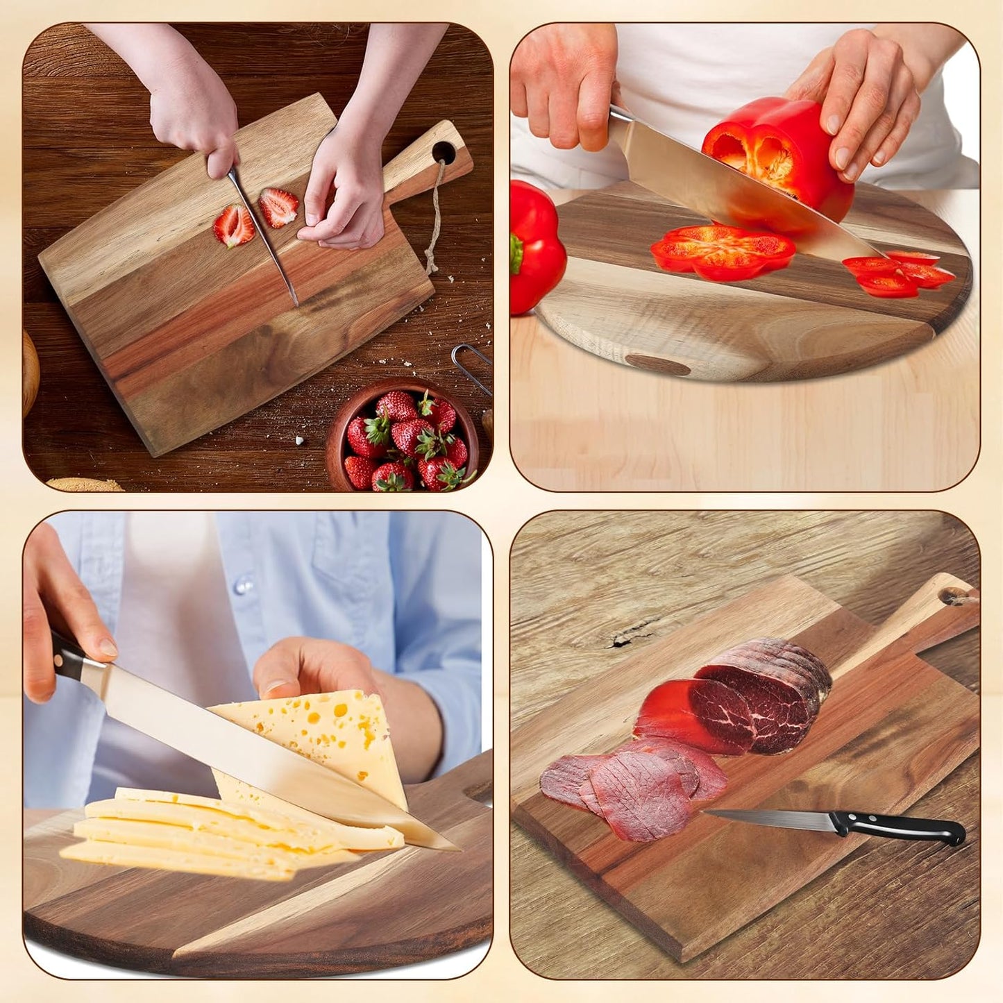 2 Pcs Acacia Wood Cutting Board with Handle Wooden Charcuterie Board Large Paddle Carving Chopping Set Butter Serving Tray for Cheese Meat Fruit Pizza Bread Baking(Classic Handle)