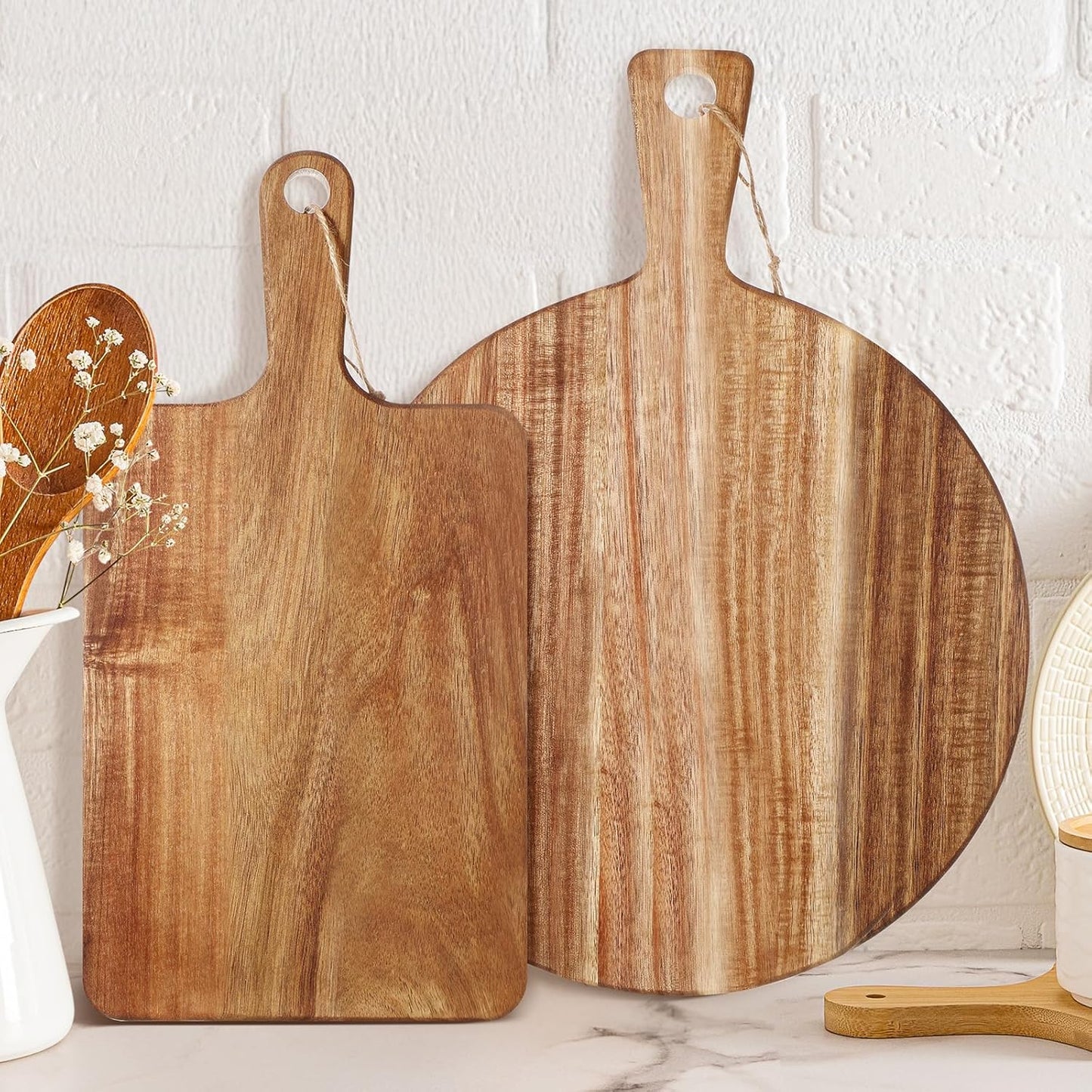 2 Pcs Acacia Wood Cutting Board with Handle Wooden Charcuterie Board Large Paddle Carving Chopping Set Butter Serving Tray for Cheese Meat Fruit Pizza Bread Baking(Classic Handle)