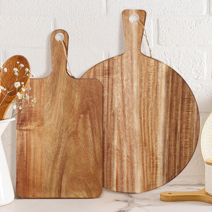 2 Pcs Acacia Wood Cutting Board with Handle Wooden Charcuterie Board Large Paddle Carving Chopping Set Butter Serving Tray for Cheese Meat Fruit Pizza Bread Baking(Classic Handle)