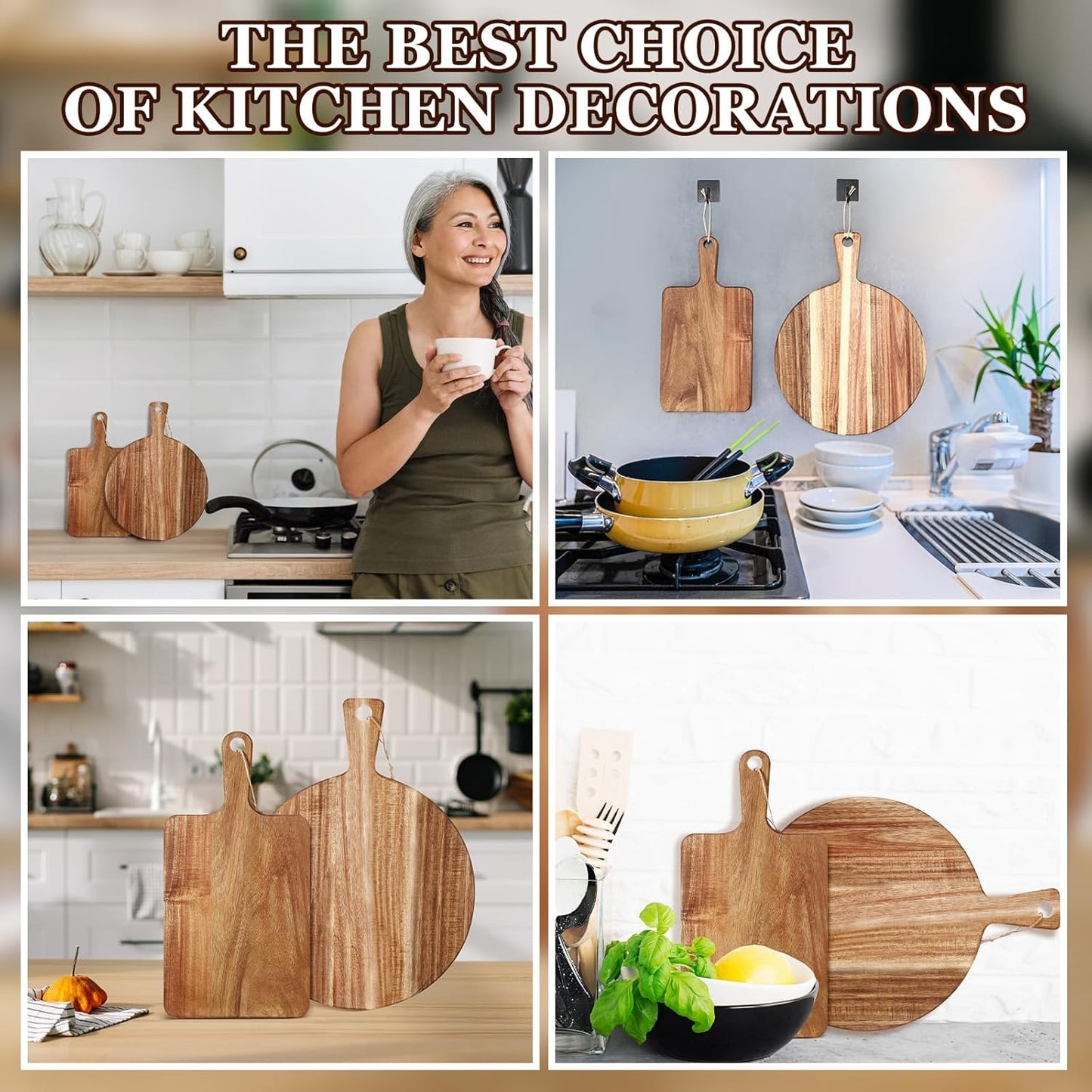 2 Pcs Acacia Wood Cutting Board with Handle Wooden Charcuterie Board Large Paddle Carving Chopping Set Butter Serving Tray for Cheese Meat Fruit Pizza Bread Baking(Classic Handle)