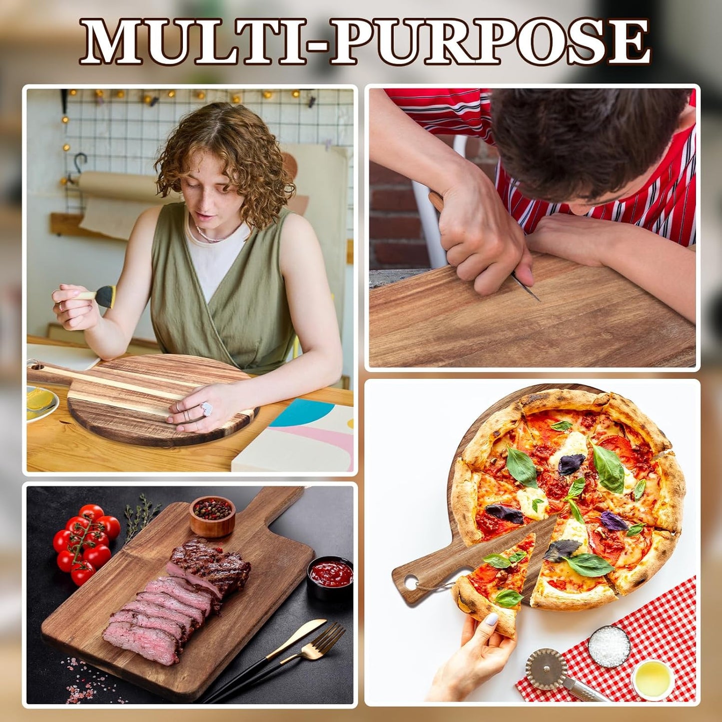 2 Pcs Acacia Wood Cutting Board with Handle Wooden Charcuterie Board Large Paddle Carving Chopping Set Butter Serving Tray for Cheese Meat Fruit Pizza Bread Baking(Classic Handle)