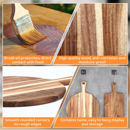 2 Pcs Acacia Wood Cutting Board with Handle Wooden Charcuterie Board Large Paddle Carving Chopping Set Butter Serving Tray for Cheese Meat Fruit Pizza Bread Baking(Classic Handle)