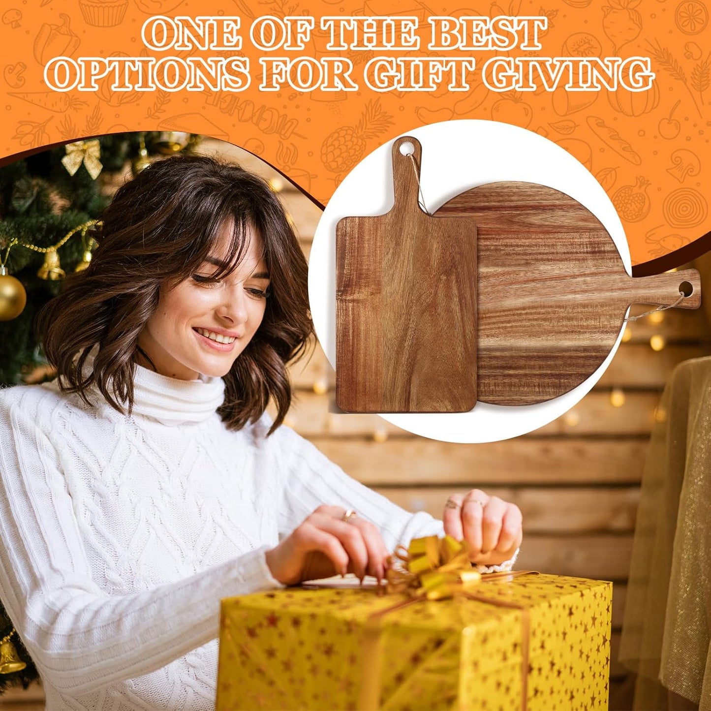 2 Pcs Acacia Wood Cutting Board with Handle Wooden Charcuterie Board Large Paddle Carving Chopping Set Butter Serving Tray for Cheese Meat Fruit Pizza Bread Baking(Classic Handle)