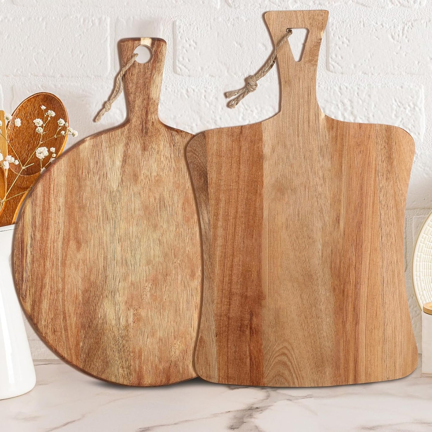 2 Pcs Acacia Wood Cutting Board with Handle Wooden Charcuterie Board Large Paddle Carving Chopping Set Butter Serving Tray for Cheese Meat Fruit Pizza Bread Baking(Classic Handle)