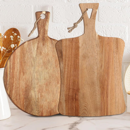 2 Pcs Acacia Wood Cutting Board with Handle Wooden Charcuterie Board Large Paddle Carving Chopping Set Butter Serving Tray for Cheese Meat Fruit Pizza Bread Baking(Classic Handle)