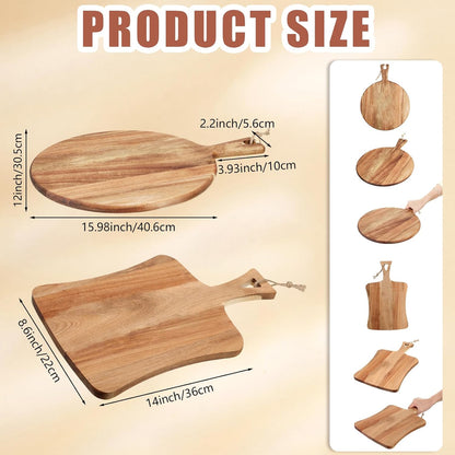 2 Pcs Acacia Wood Cutting Board with Handle Wooden Charcuterie Board Large Paddle Carving Chopping Set Butter Serving Tray for Cheese Meat Fruit Pizza Bread Baking(Classic Handle)