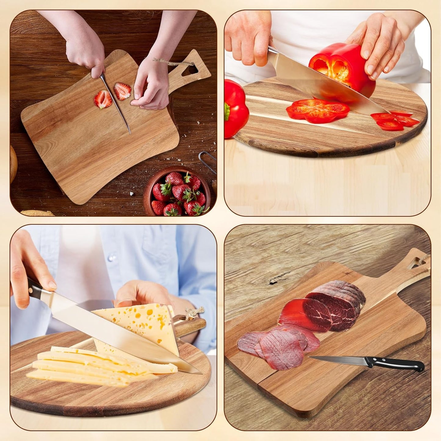2 Pcs Acacia Wood Cutting Board with Handle Wooden Charcuterie Board Large Paddle Carving Chopping Set Butter Serving Tray for Cheese Meat Fruit Pizza Bread Baking(Classic Handle)