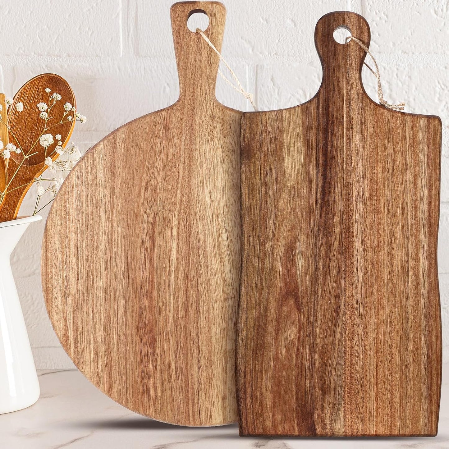2 Pcs Acacia Wood Cutting Board with Handle Wooden Charcuterie Board Large Paddle Carving Chopping Set Butter Serving Tray for Cheese Meat Fruit Pizza Bread Baking(Classic Handle)