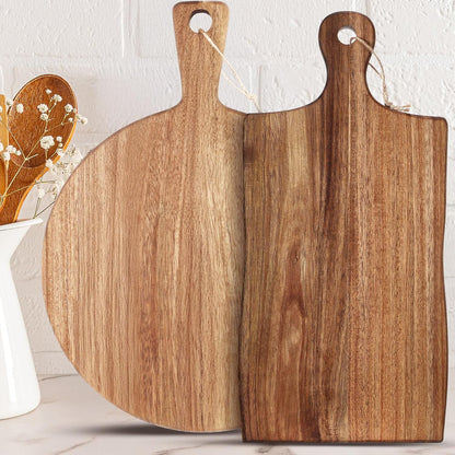 2 Pcs Acacia Wood Cutting Board with Handle Wooden Charcuterie Board Large Paddle Carving Chopping Set Butter Serving Tray for Cheese Meat Fruit Pizza Bread Baking(Classic Handle)