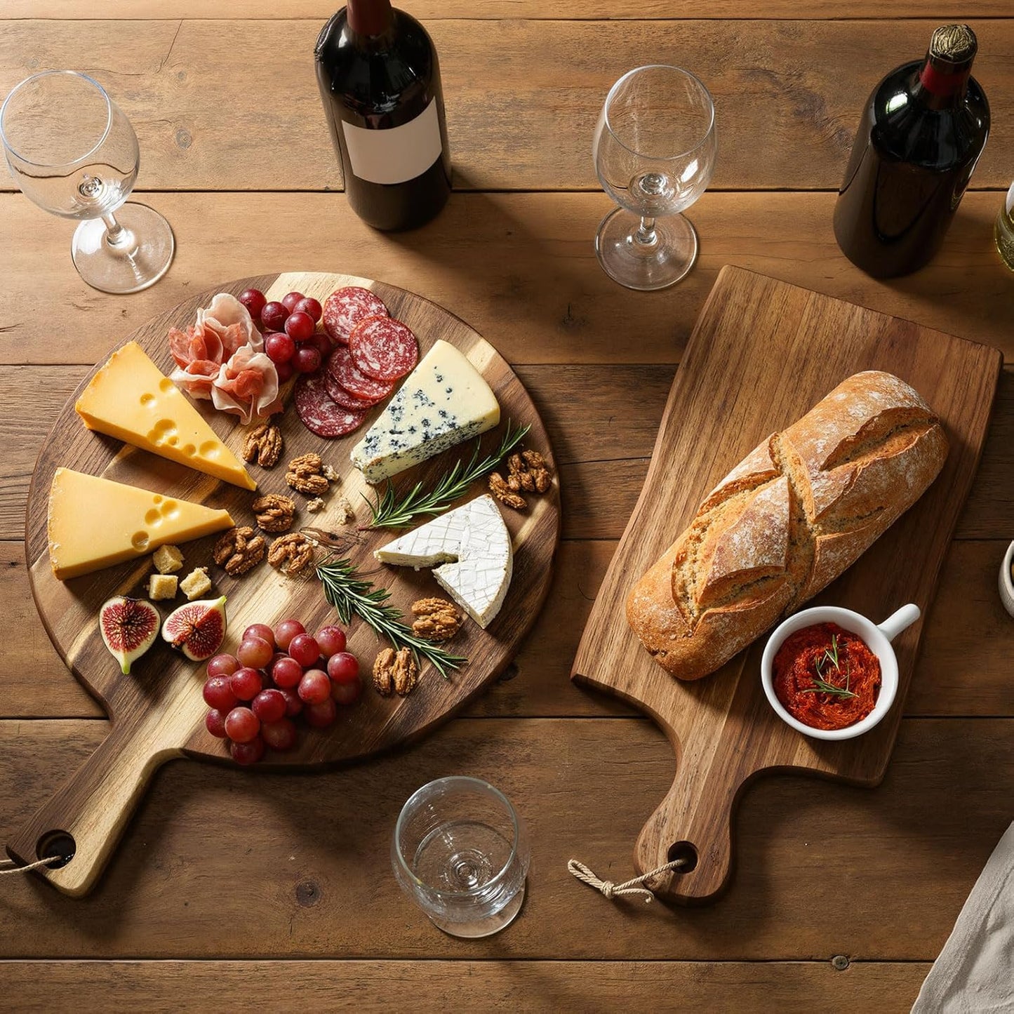 2 Pcs Acacia Wood Cutting Board with Handle Wooden Charcuterie Board Large Paddle Carving Chopping Set Butter Serving Tray for Cheese Meat Fruit Pizza Bread Baking(Classic Handle)