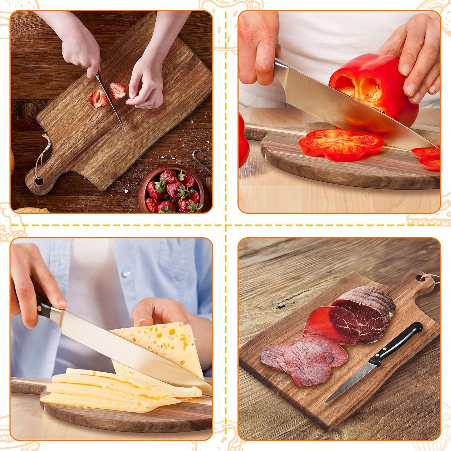 2 Pcs Acacia Wood Cutting Board with Handle Wooden Charcuterie Board Large Paddle Carving Chopping Set Butter Serving Tray for Cheese Meat Fruit Pizza Bread Baking(Classic Handle)