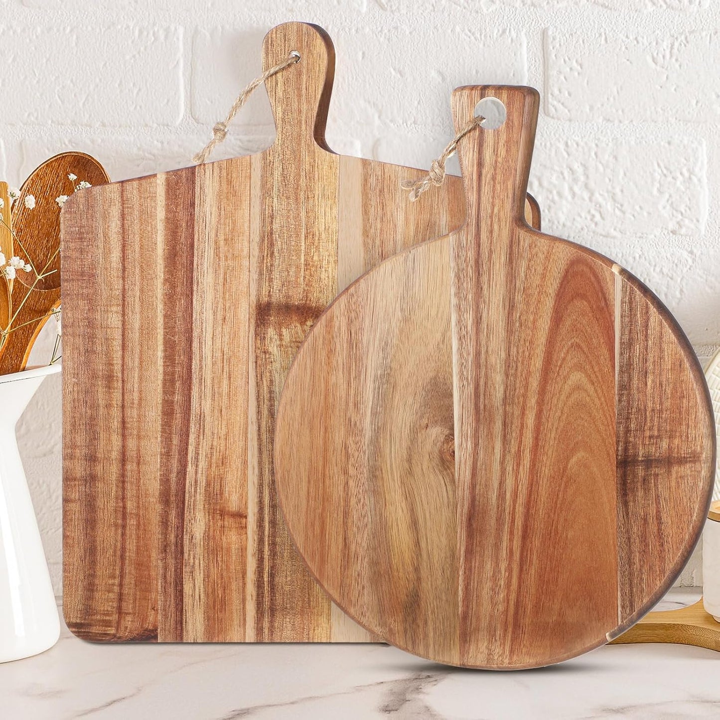 2 Pcs Acacia Wood Cutting Board with Handle Wooden Charcuterie Board Large Paddle Carving Chopping Set Butter Serving Tray for Cheese Meat Fruit Pizza Bread Baking(Classic Handle)