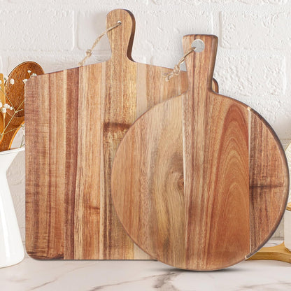 2 Pcs Acacia Wood Cutting Board with Handle Wooden Charcuterie Board Large Paddle Carving Chopping Set Butter Serving Tray for Cheese Meat Fruit Pizza Bread Baking(Classic Handle)