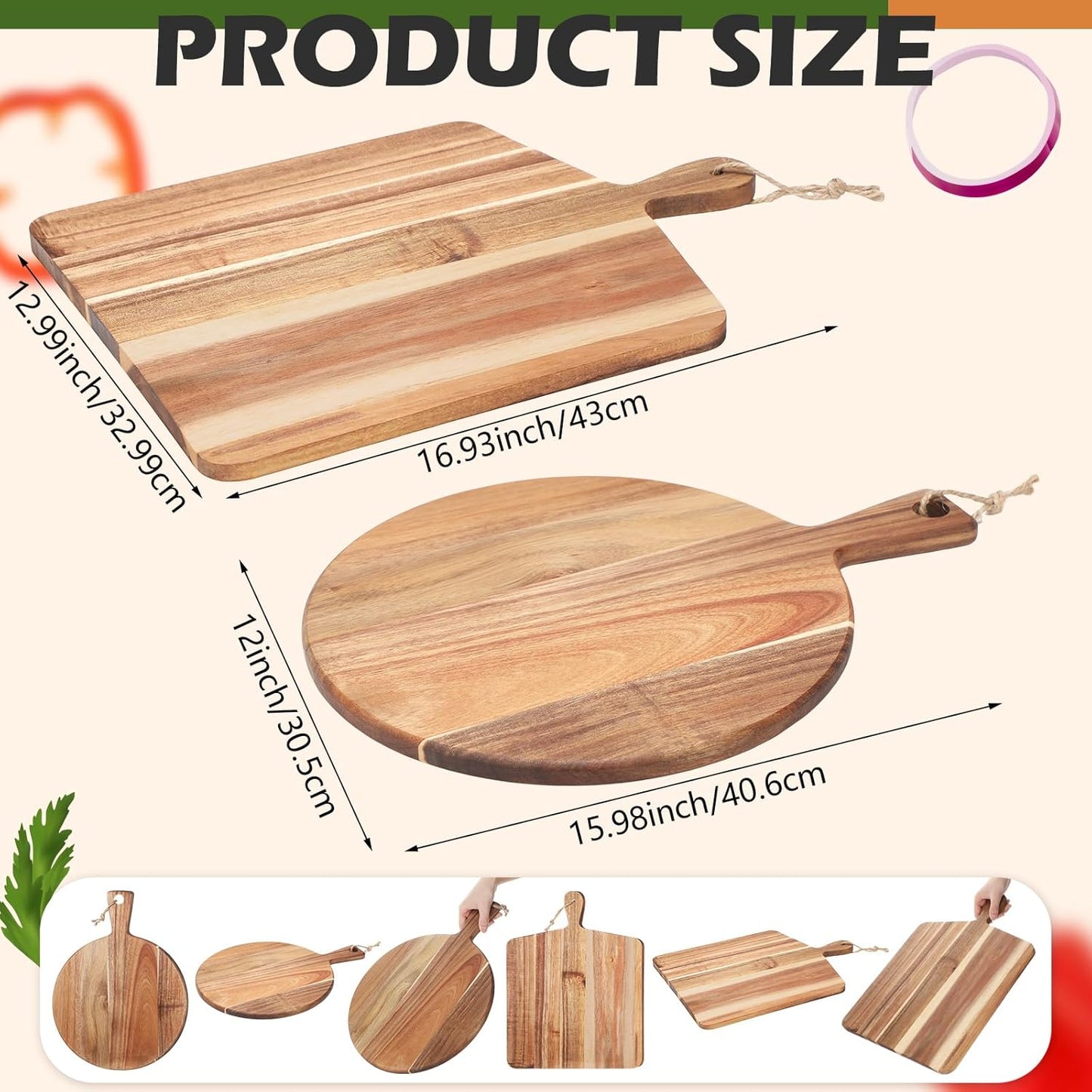 2 Pcs Acacia Wood Cutting Board with Handle Wooden Charcuterie Board Large Paddle Carving Chopping Set Butter Serving Tray for Cheese Meat Fruit Pizza Bread Baking(Classic Handle)