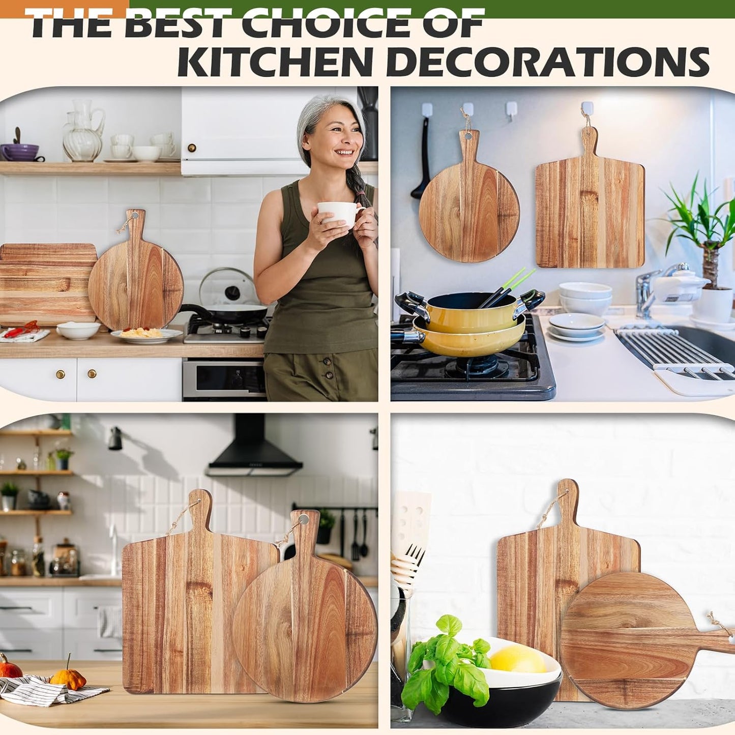 2 Pcs Acacia Wood Cutting Board with Handle Wooden Charcuterie Board Large Paddle Carving Chopping Set Butter Serving Tray for Cheese Meat Fruit Pizza Bread Baking(Classic Handle)